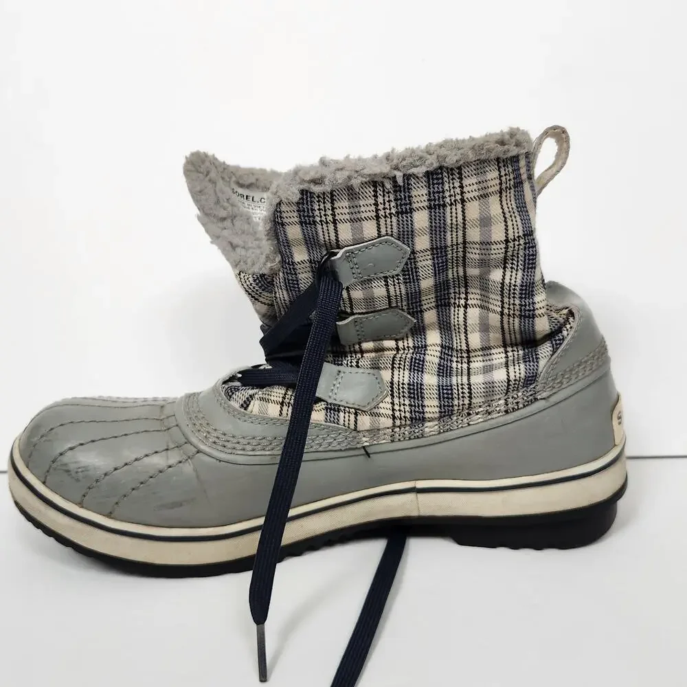 Sorel Gray Plaid Snow Boots Womens Size 10 Waterproof Insulated Faux Fur
